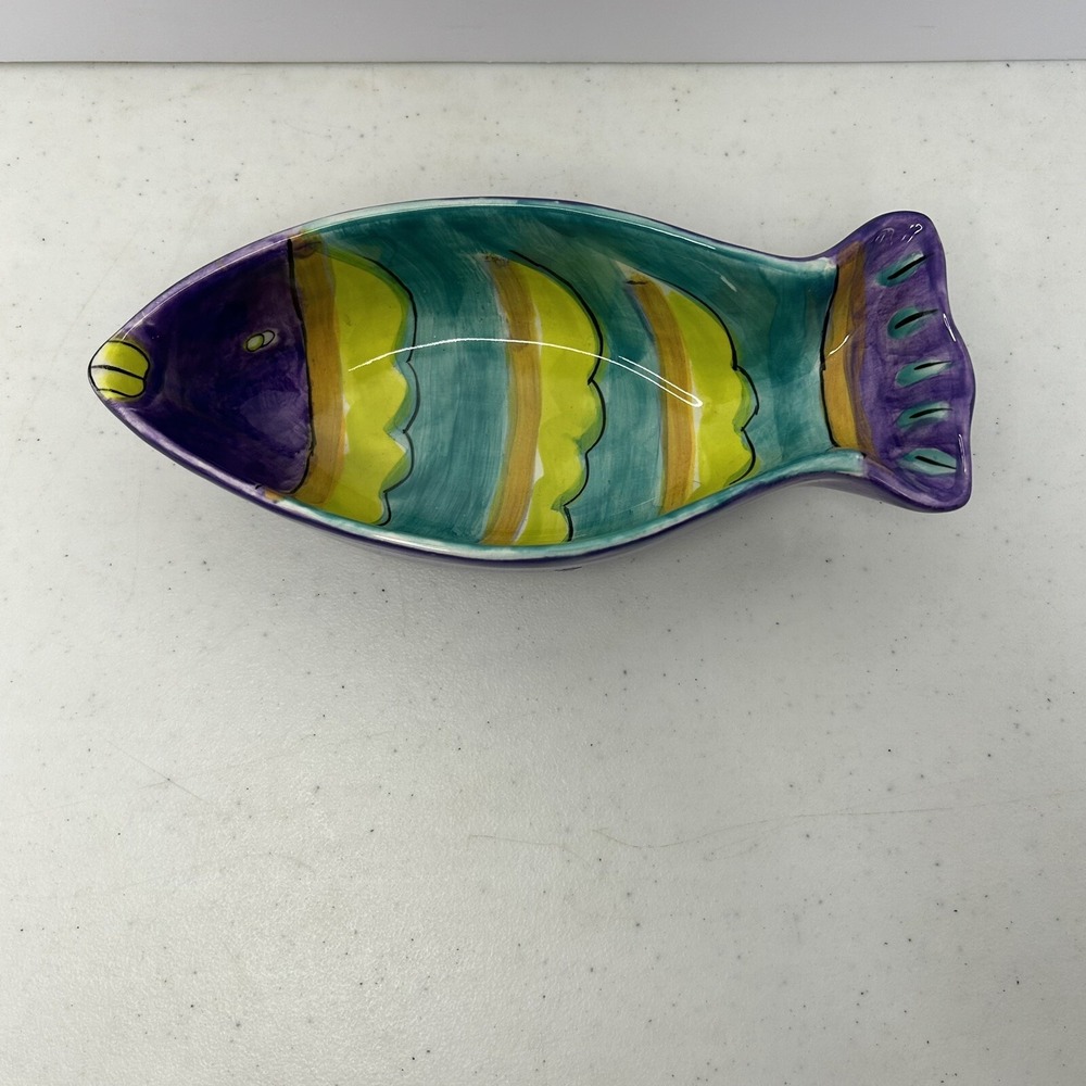 Hand-Painted‎ Foreside Ceramic Fish Serving Bowl Green Purple Dip Dish